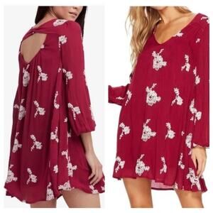 Free People Burgundy Embroidered Swing Dress Mini Sm Country Boho Folk Festival